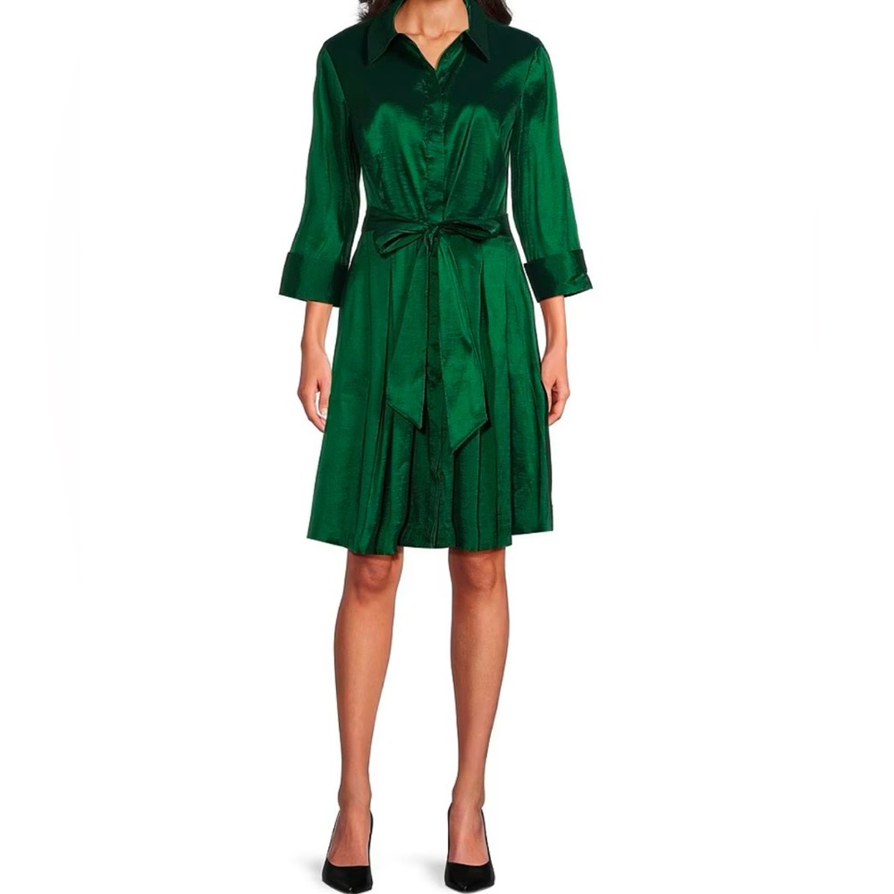 Preston & York Debra Stretch Taffeta 3/4 Sleeve Button Front Shirt Dress Size 18